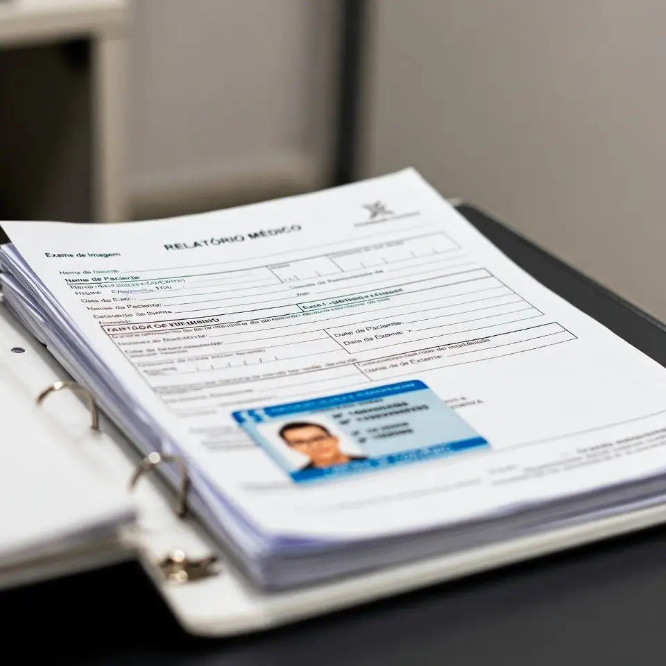 Pasta com relatório médico e documentos necessários para ingressar com ação contra negativa de tratamento.