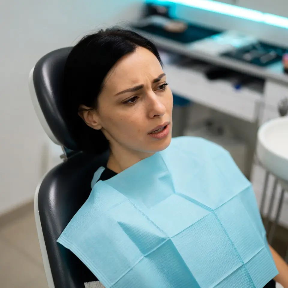 Mulher sentada em cadeira de dentista com expressão de desconforto após procedimento odontológico mal feito