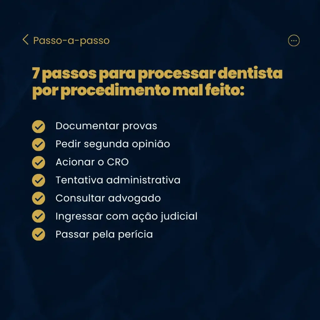 Infográfico com fluxograma de 7 etapas para processar dentista: documentar provas, segunda opinião, CRO, tentativa administrativa, advogado, ação judicial, perícia