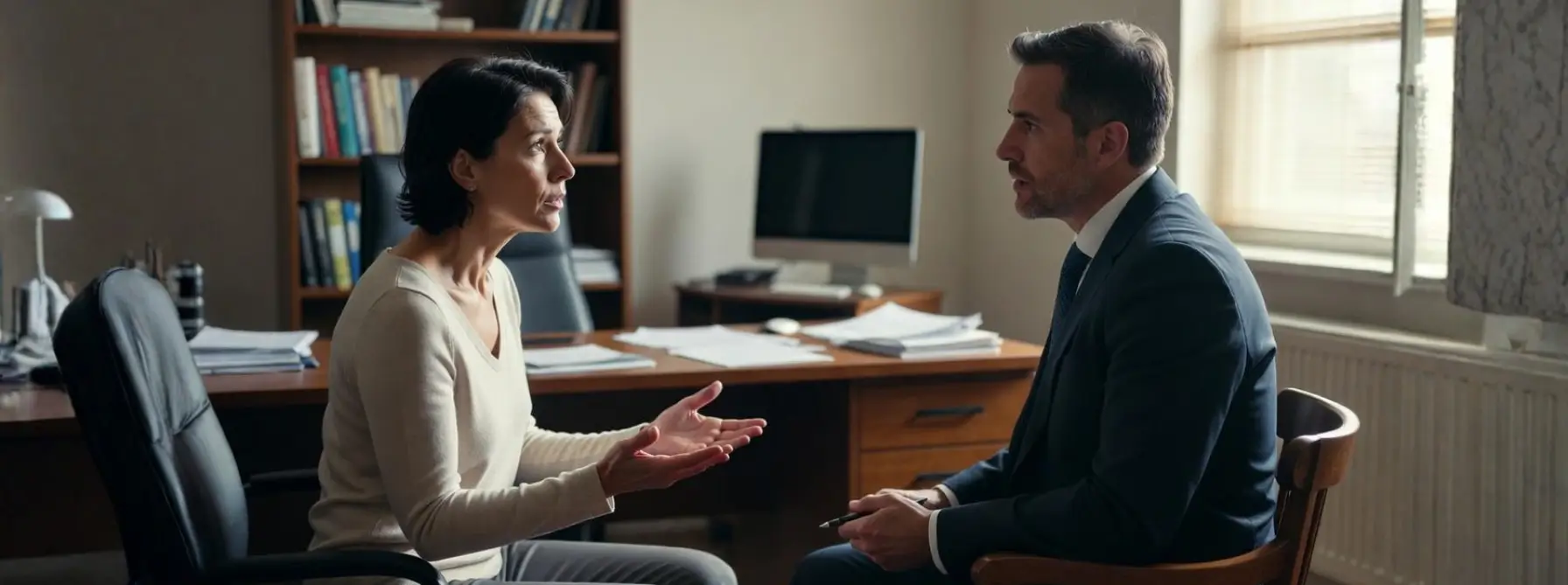 Paciente em consulta com advogado especialista em direito do consumidor discutindo processo contra dentista por procedimento mal feito