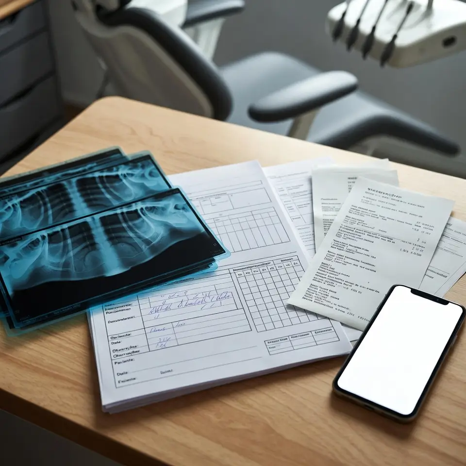 Mesa com radiografias dentárias, prontuário odontológico, comprovantes e celular — provas para processo contra dentista