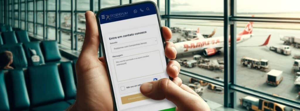 Passageiro preenchendo formulário no celular para receber indenização por voo cancelado.