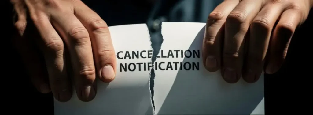 Mãos de uma pessoa rasgando ao meio uma folha de papel onde se lê "Notificação de Cancelamento", simbolizando a anulação da cláusula que permitia a rescisão de plano falso coletivo