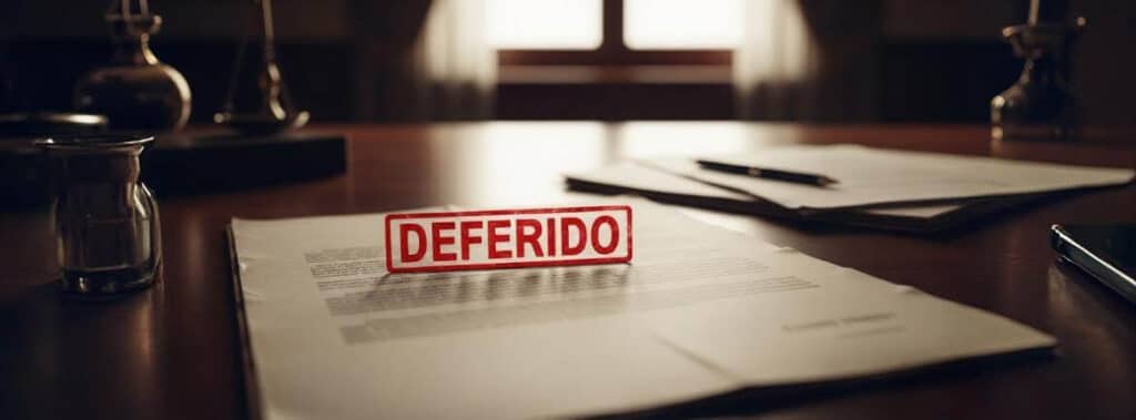 Detalhe de um documento judicial com um carimbo de "DEFERIDO" em destaque, representando a agilidade da decisão judicial que concedeu a liminar contra o plano de saúde.