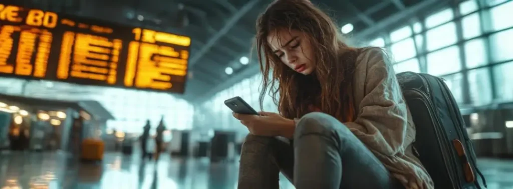 Passageira aguardando informações em aeroporto devido a voo cancelado, exemplificando a falta de assistência e a violação dos direitos do passageiro.