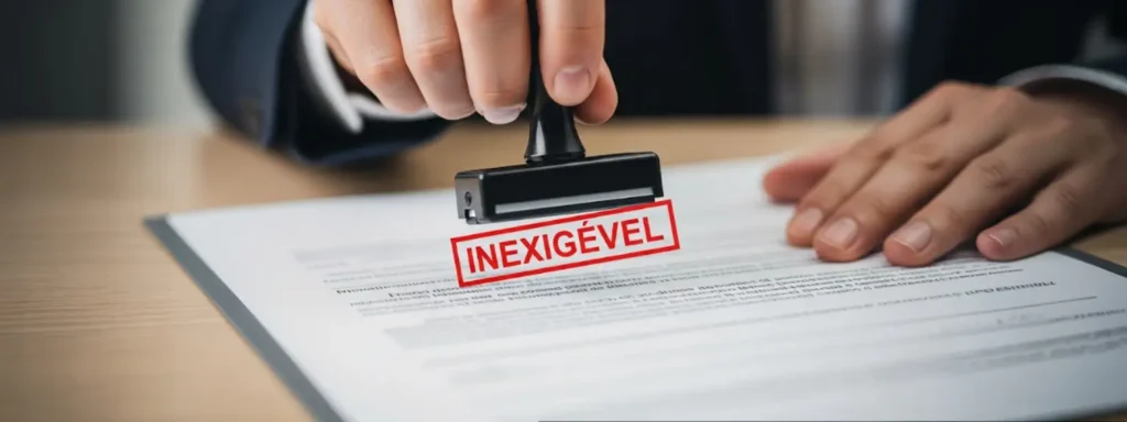 Mão carimbando um documento de cobrança de dívida com a palavra "INEXIGÍVEL" em destaque, ilustrando o conceito de uma dívida que foi anulada judicialmente e não pode mais ser cobrada.