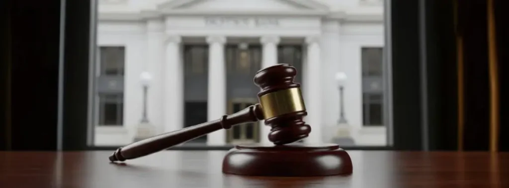 Um martelo de juiz, simbolizando uma decisão judicial, deixado de lado sobre uma mesa, enquanto ao fundo, desfocado, aparece a fachada de um banco, representando o descumprimento de uma ordem da justiça pela instituição financeira.
