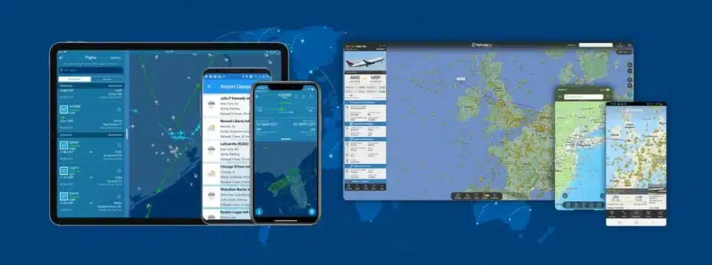 Exemplos de capturas de tela de apps como Flightradar24 e FlightAware, mostrando como acompanhar voo em tempo real com mapas e alertas.