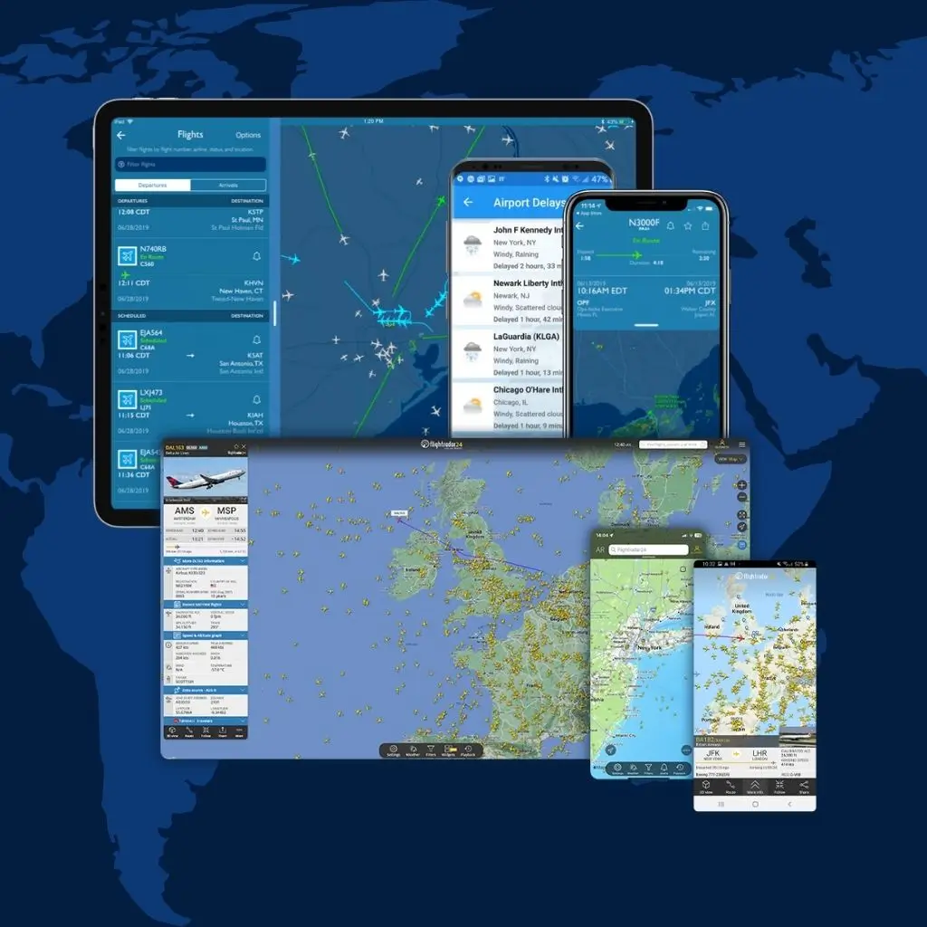 Exemplos de capturas de tela de apps como Flightradar24 e FlightAware, mostrando como acompanhar voo em tempo real com mapas e alertas.