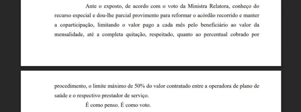 Print de decisão judicial do STJ destacando limites legais para coparticipação em plano de saúde coparticipativo, incluindo teto de 50% por procedimento