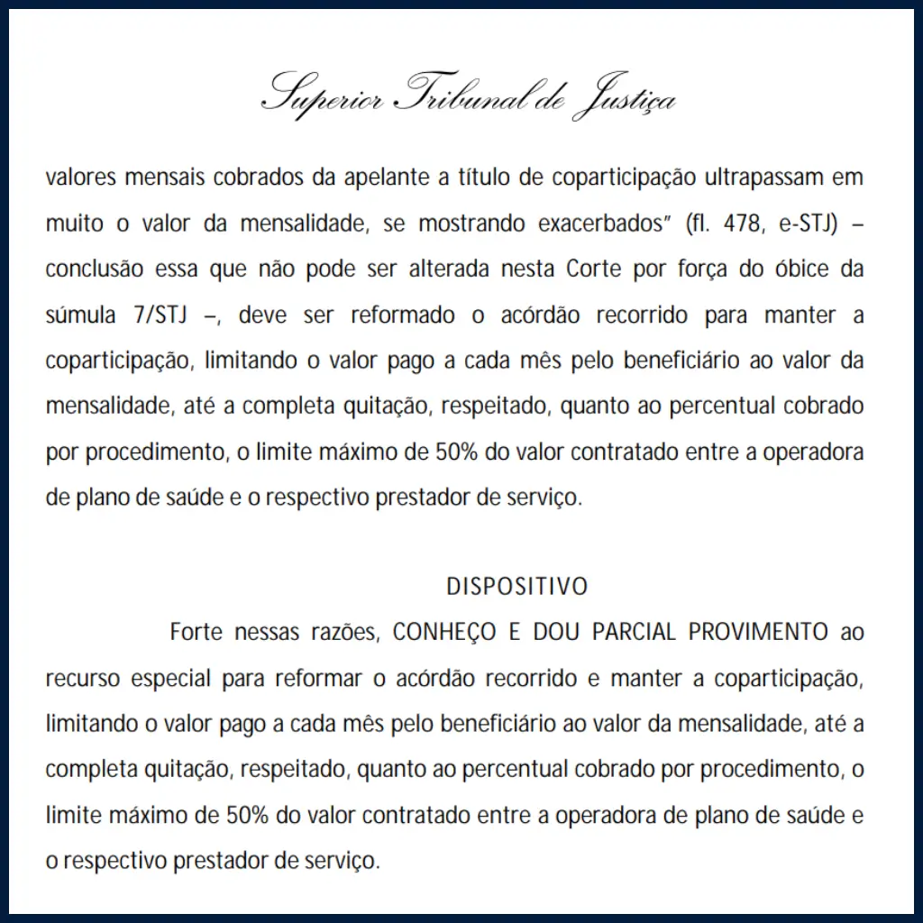 Print de decisão judicial do STJ destacando limites legais para coparticipação em plano de saúde coparticipativo, incluindo teto de 50% por procedimento