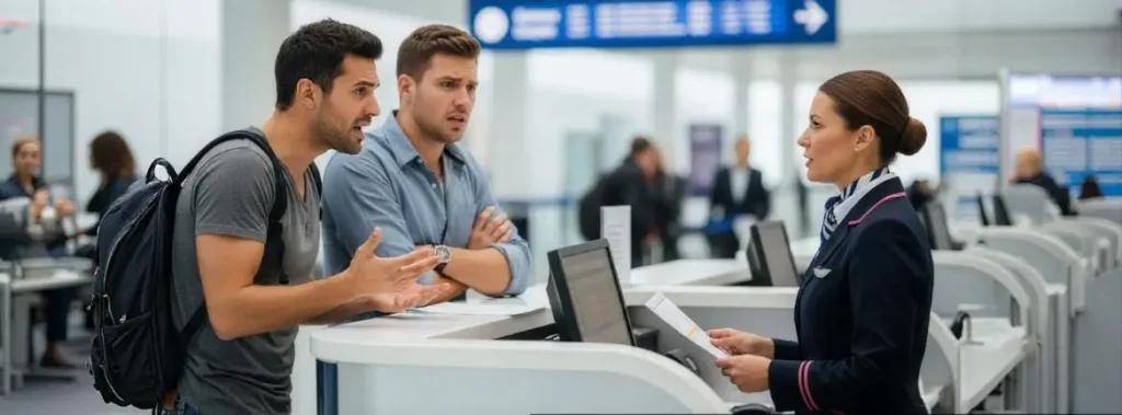 Passageiro registrando reclamação de bagagem extraviada em aeroporto internacional, exemplificando direitos a assistência e indenização por extravio de bagagem TAP, incluindo reembolso de despesas e compensação por danos morais em voos atrasados.