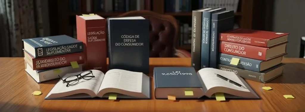 Imagem de livros jurídicos representando legislação envolvida em reajuste de convênio falso coletivo, incluindo Código de Defesa do Consumidor e Lei 9.656/1998.