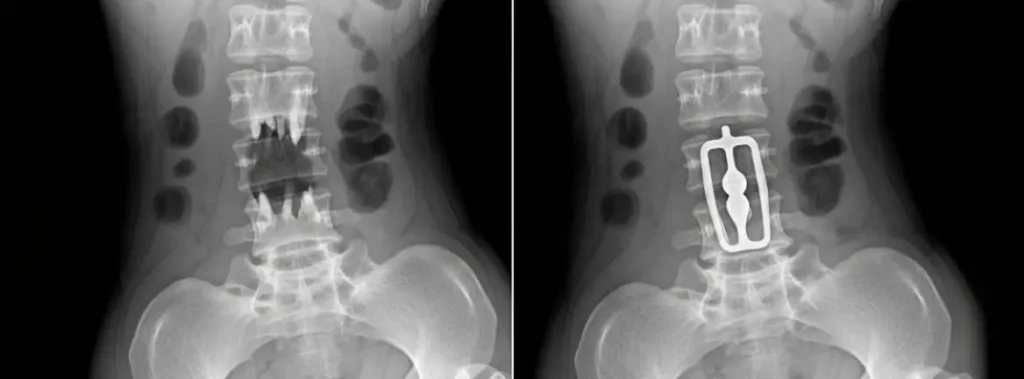 Raio-X mostrando cifoplastia, cirurgia vertebral essencial para tratamento de dor e fratura patológica em pacientes.