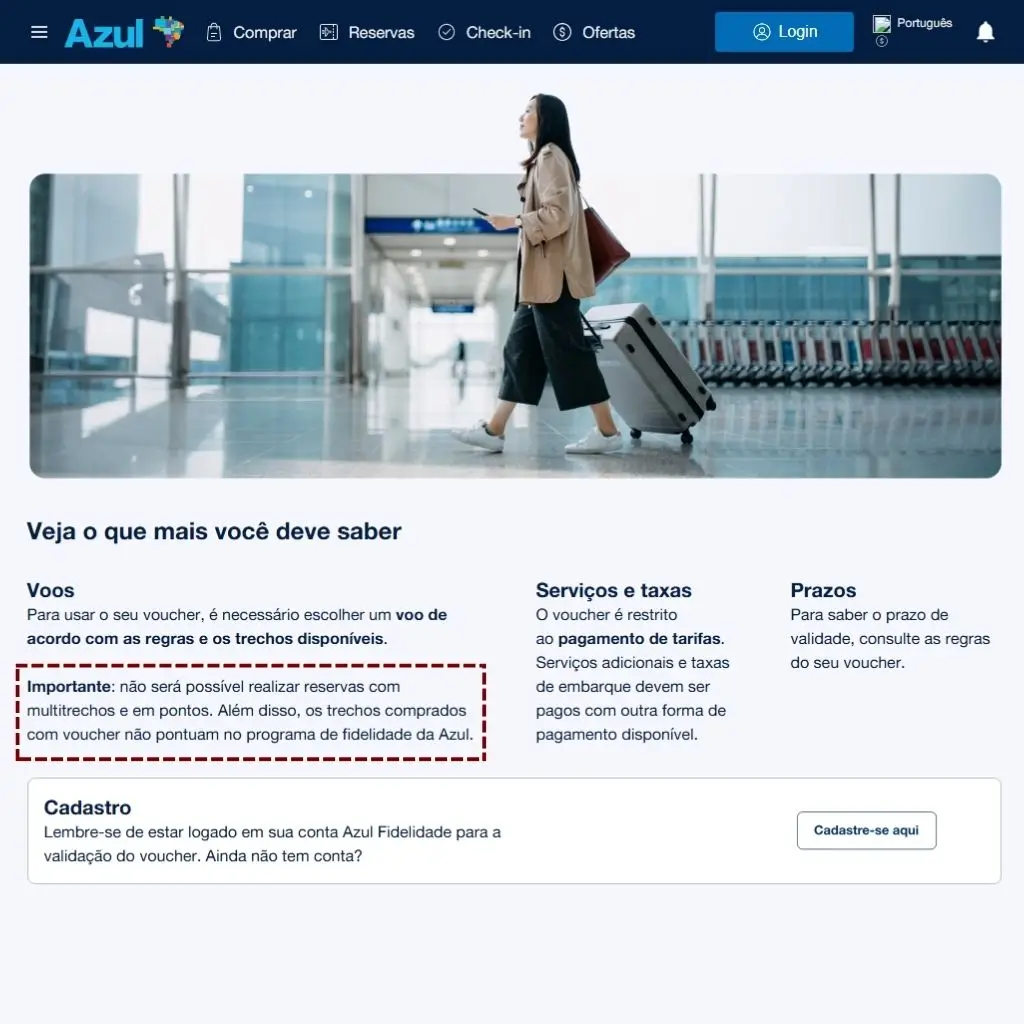 Regras de uso da Azul para voucher voo cancelado com pontos.