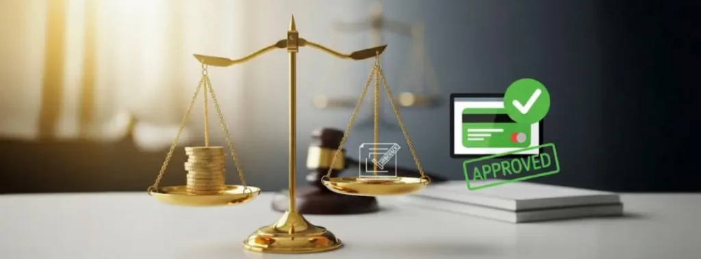 Ilustração de vitória judicial em chargeback para lojista mostrando balança da justiça e ícone de transação online aprovada, destacando proteção a comerciantes em vendas digitais.