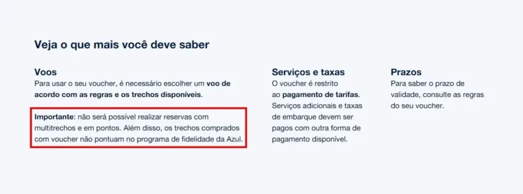 Regras de uso da Azul para voucher voo cancelado com pontos.