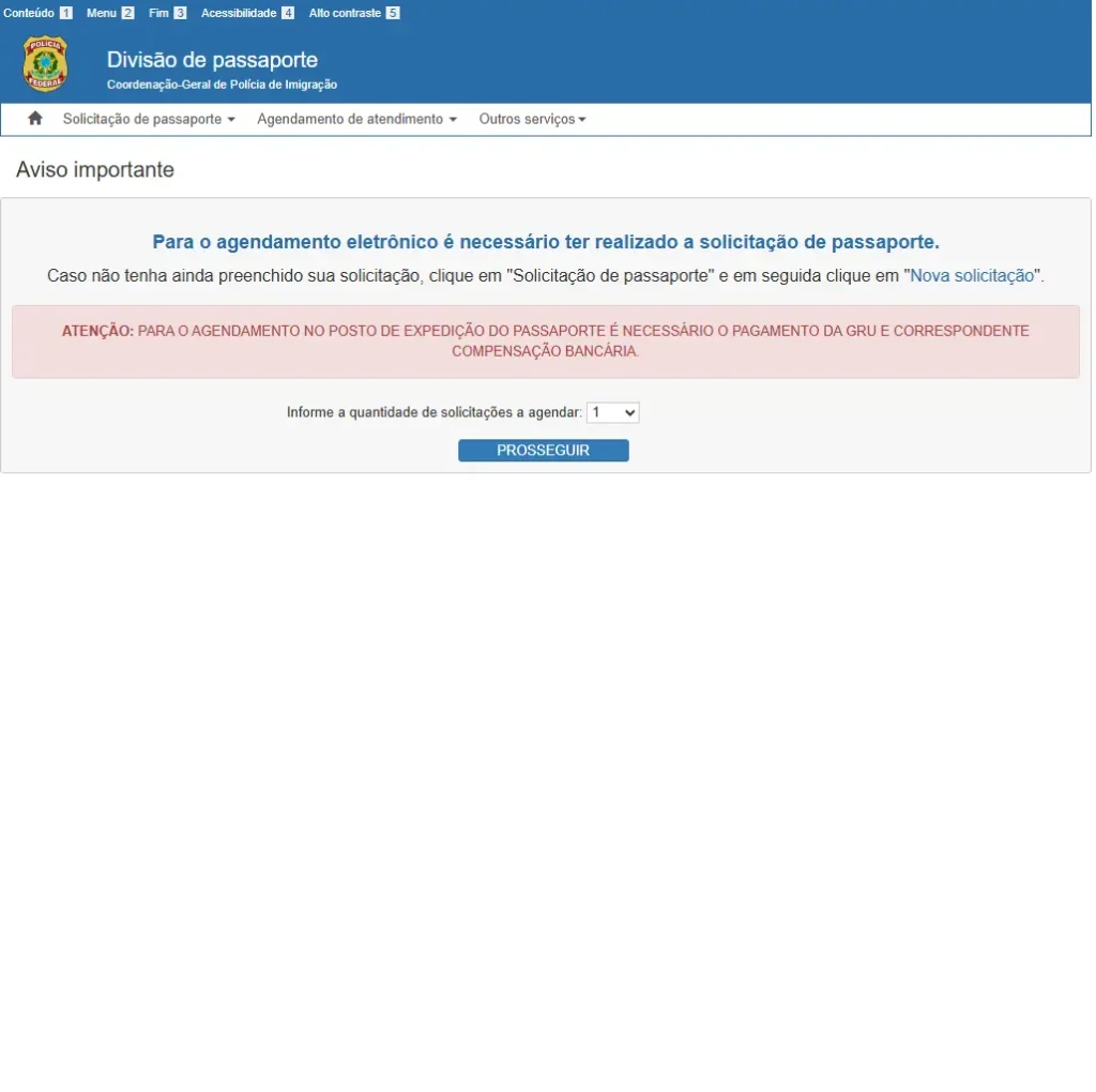 Print da tela do site da Polícia Federal mostrando a área de agendamento de passaporte, onde o usuário insere CPF e número de protocolo para escolher a data.