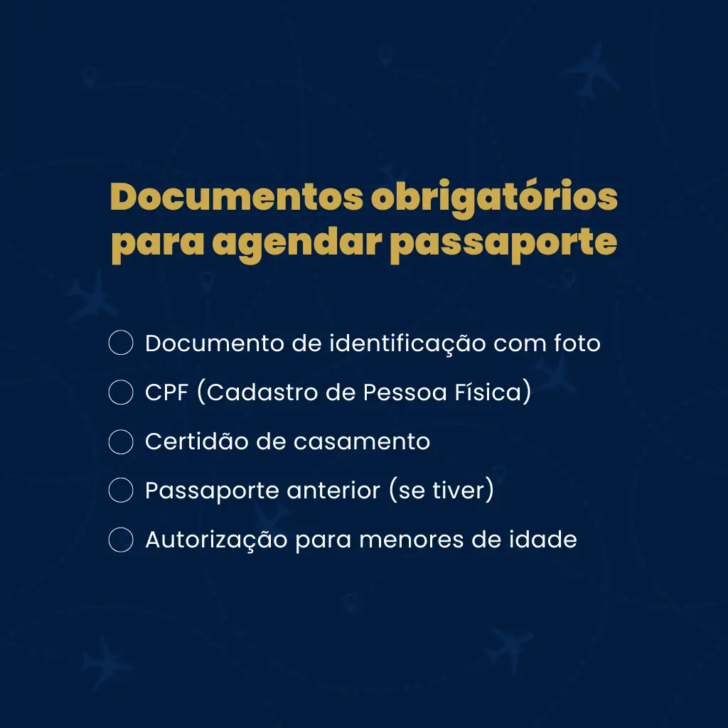 Infográfico com o checklist completo dos documentos necessários para o agendamento do passaporte: RG, CPF, Certidão de Casamento e passaporte anterior.