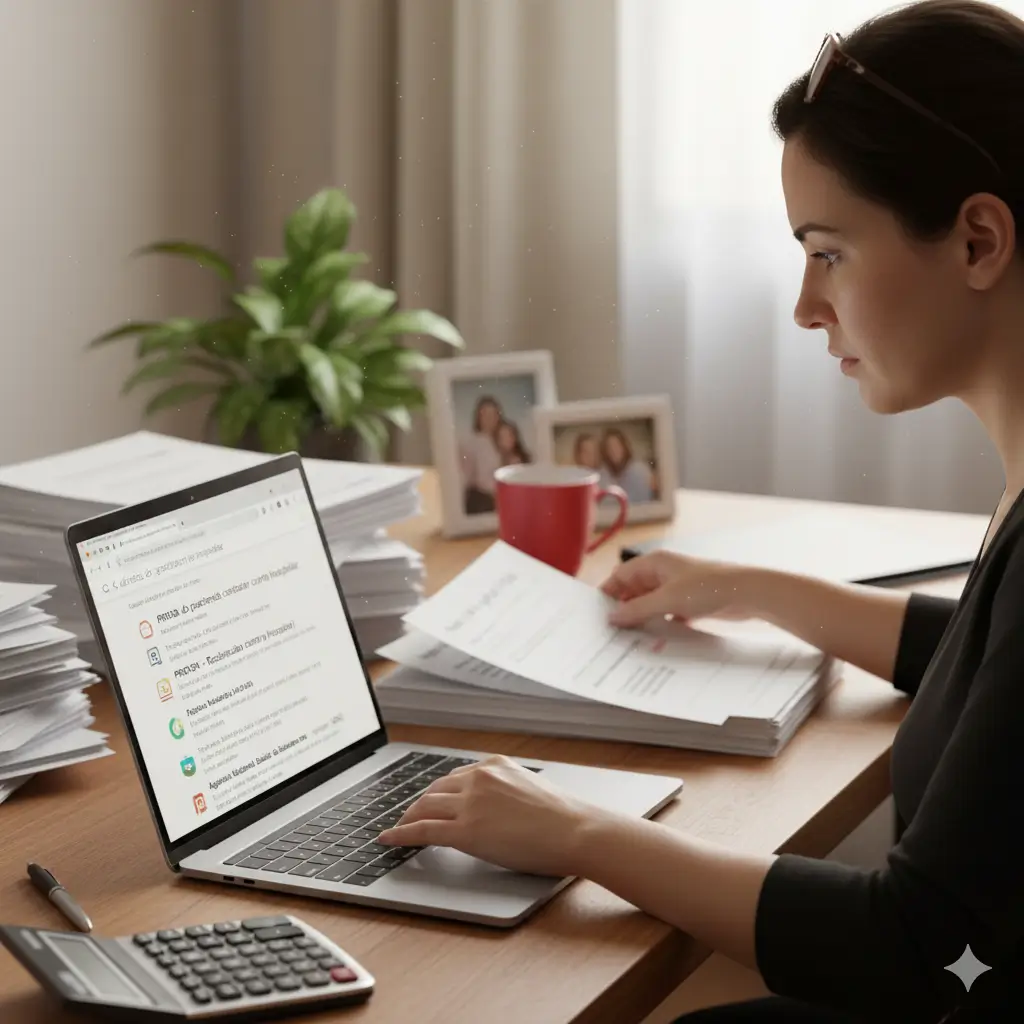 Pessoa organizando documentos e pesquisando em um notebook como exercer seus direitos de paciente e contestar uma conta hospitalar abusiva junto aos órgãos de defesa do consumidor.