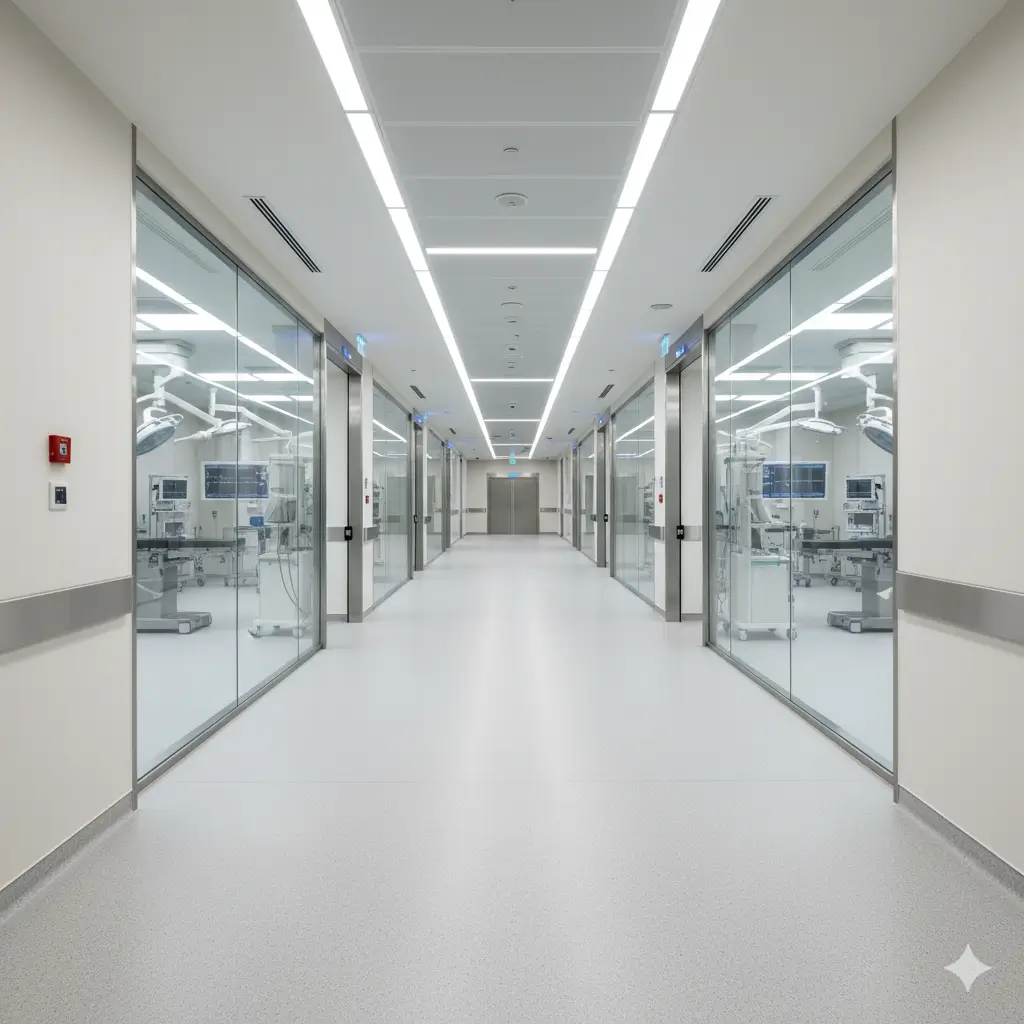 Corredor de um hospital particular de alto padrão, representando o cenário da cirurgia de coluna cujo plano de saúde foi obrigado a fornecer cobertura integral após tentativa de impor limites de reembolso.
