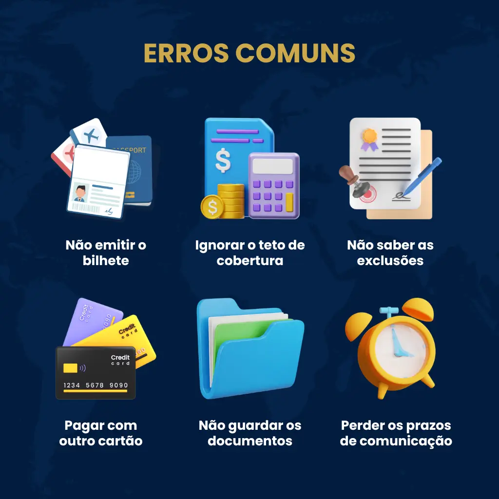 Ilustrações mostrando os erros mais comuns ao usar o seguro viagem Visa, como esquecer de emitir o bilhete de seguro antes da viagem e desconhecer os limites de cobertura do cartão.