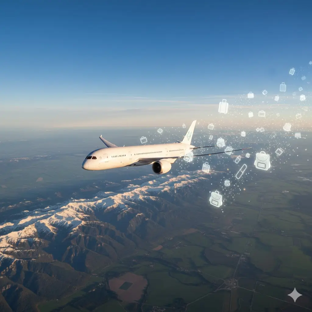 Avião em voo internacional com bagagem extraviada, destacando direito a indenização por extravio temporário de bagagem para passageiros afetados.