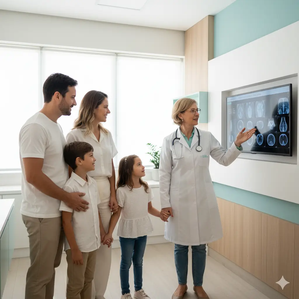 Imagem de uma família feliz durante um atendimento médico, ilustrando a tranquilidade proporcionada por uma boa cobertura de plano de saúde individual para todos os membros da família.