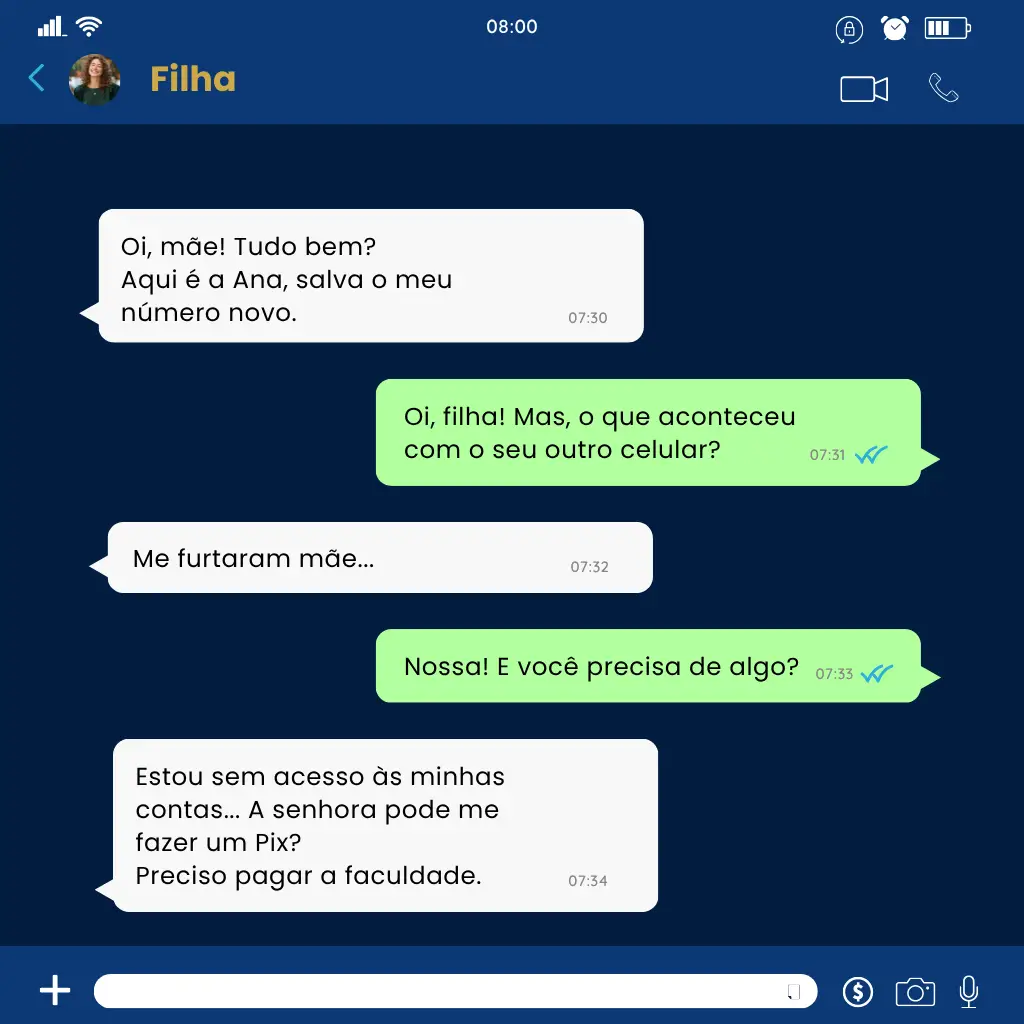 Fraude bancária whatsapp: exemplo de conversa com links e pedidos suspeitos