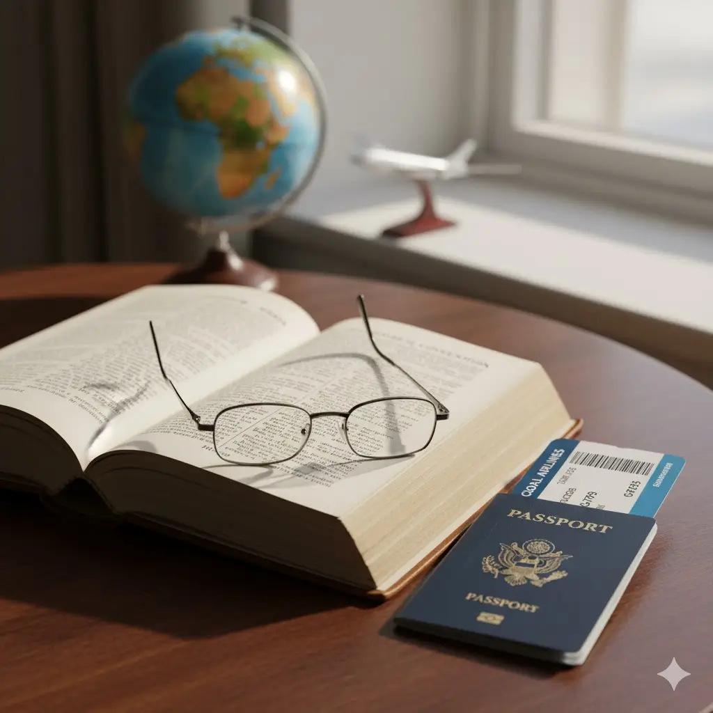 Livro de leis com passaporte e bilhete aéreo, representando fundamentos para indenização por extravio temporário de bagagem em casos judiciais.