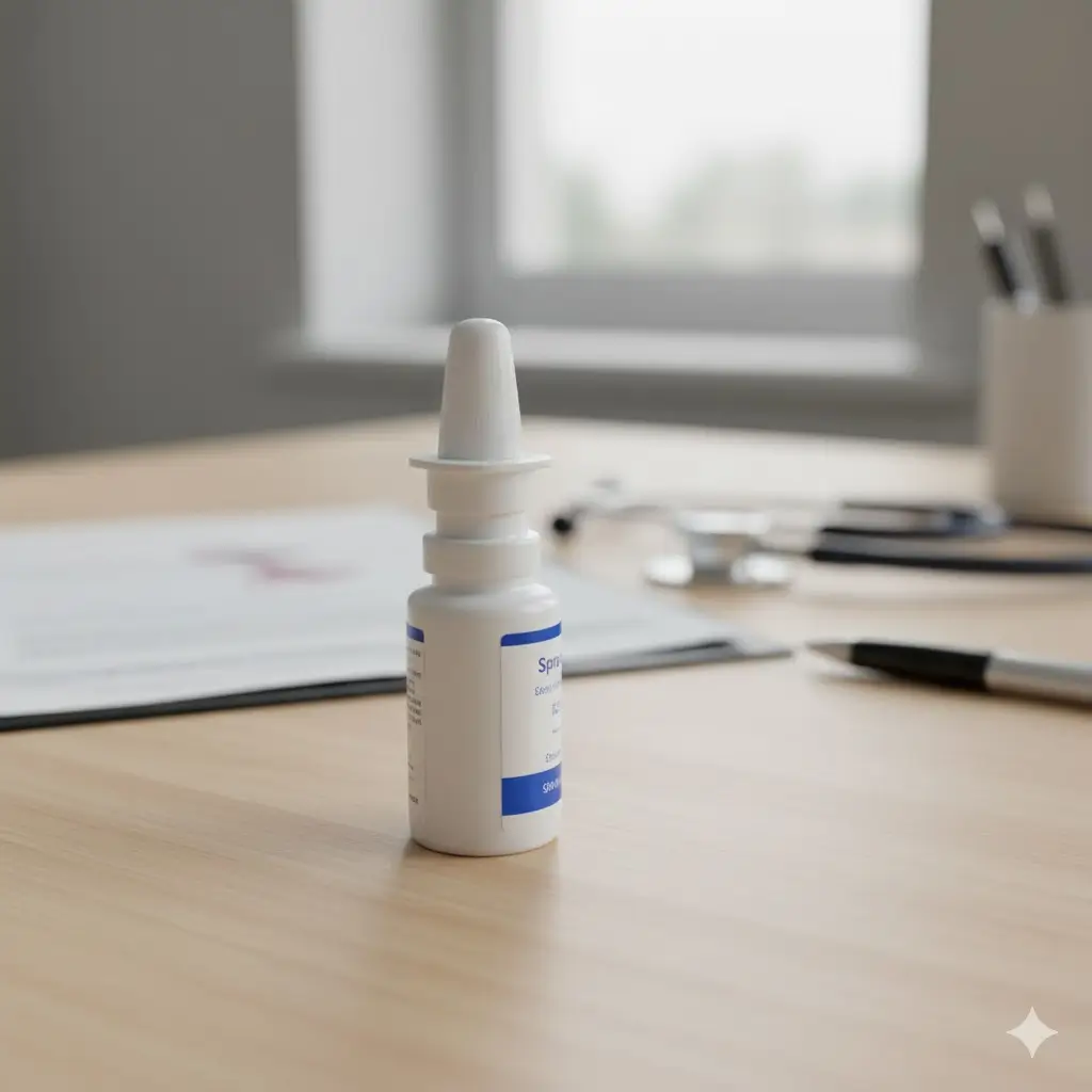 Spray nasal de escetamina intranasal (Spravato) em consultório médico para tratamento supervisionado de transtorno depressivo recorrente.