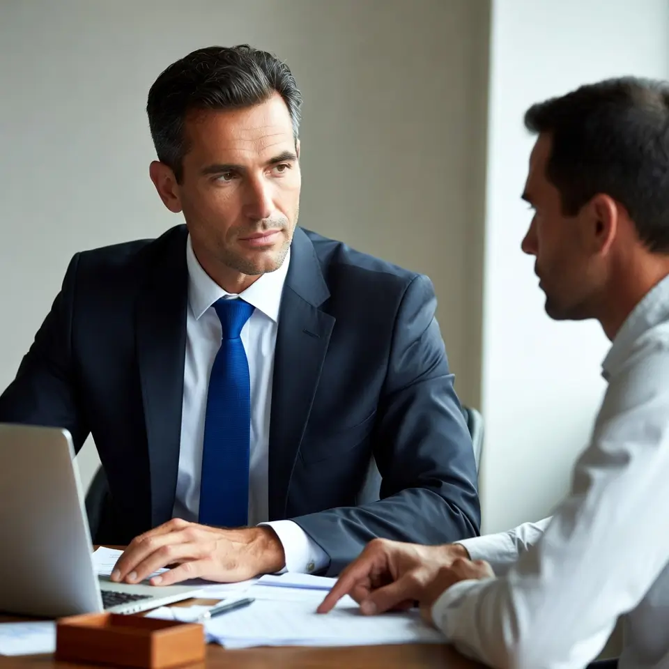 Advogado conversando com cliente sobre direitos no plano de saúde empresarial, oferecendo assessoria jurídica especializada