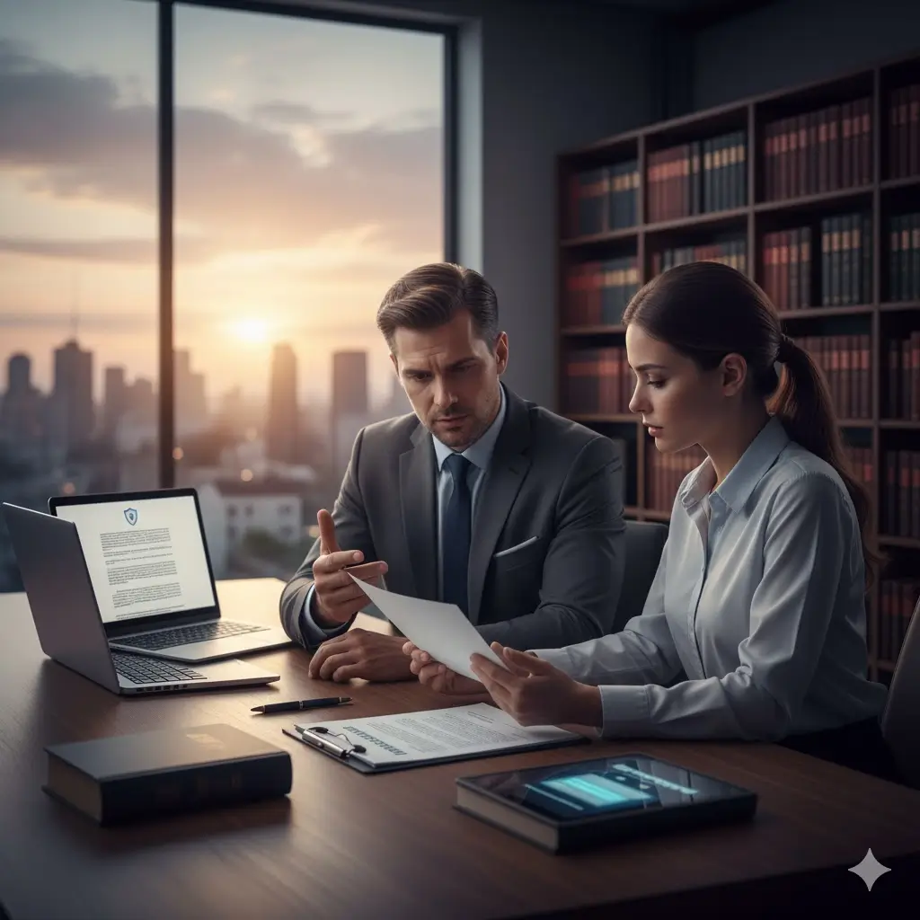 Advogado especialista em direito digital consultando cliente sobre direitos em caso de fraude cartão de crédito virtual e busca por indenização.