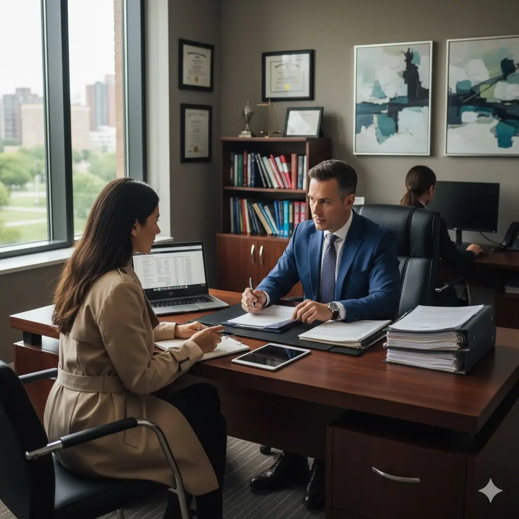 Advogado explicando a um cliente seus direitos sobre o plano de saúde e atendimento fora da rede.