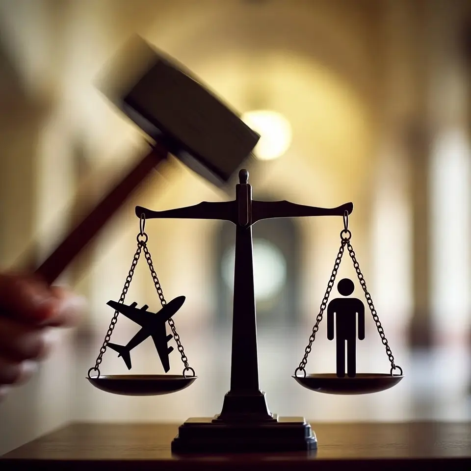 Ilustração de martelo judicial e aviões destacando a suspensão de ações sobre voos no STF e seus efeitos nos direitos dos passageiros