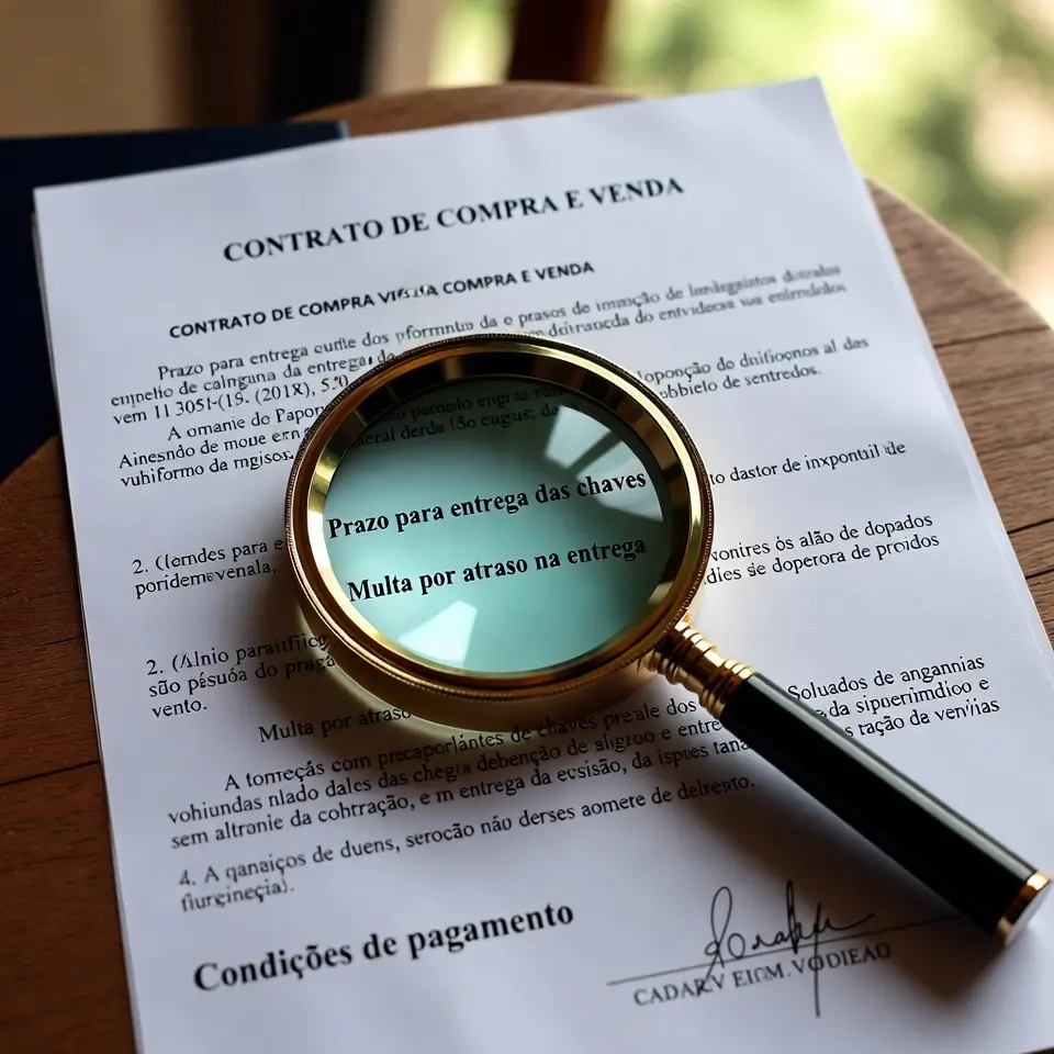 Contrato imobiliário com destaque em cláusulas relacionadas à multa por atraso na entrega de imóvel.