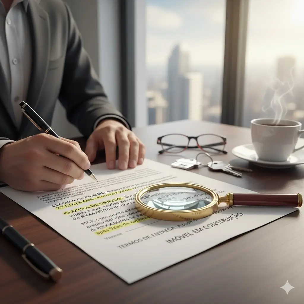 Análise de contrato imobiliário destacando prazos e riscos de rescisão de contrato de imóvel por atraso na entrega.