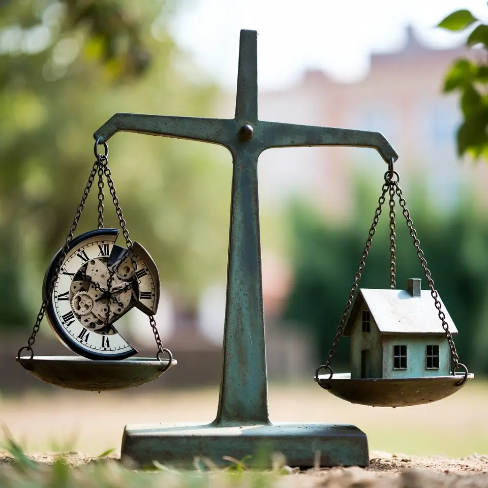 Balança judicial representando danos morais em casos de atraso na entrega da obra e decisões sobre indenizações.