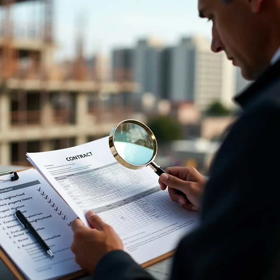 Pessoa revisando contrato para prevenir distrato de imóveis na planta por atraso, com checklist de dicas para compradores cautelosos.