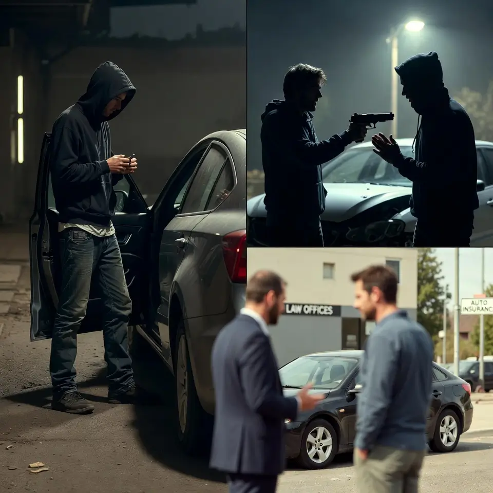 Ilustração da diferença entre furto e roubo de carro, relevante para casos de seguro automotivo.