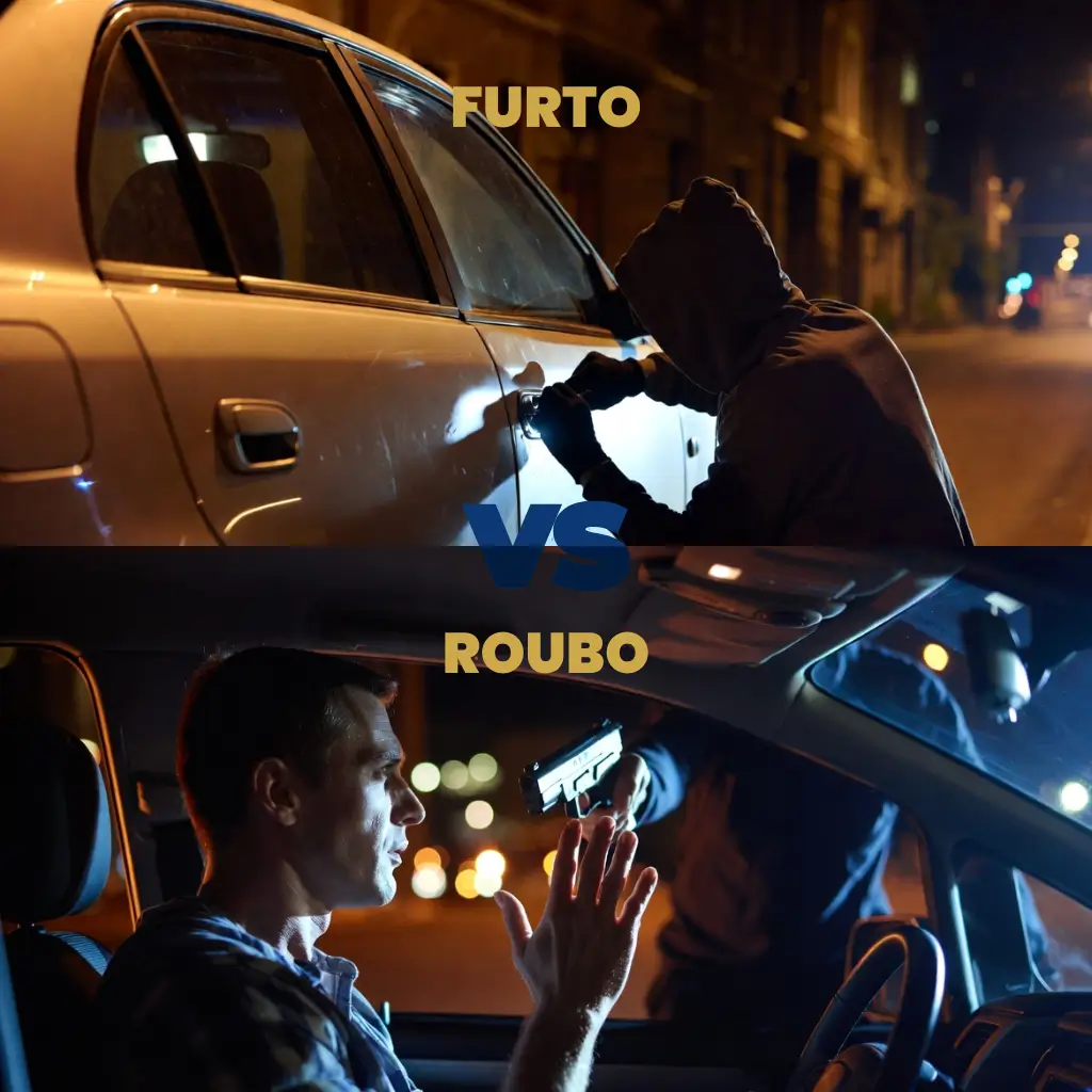 Ilustração mostrando a diferença entre furto de carro sem violência e roubo com ameaça
