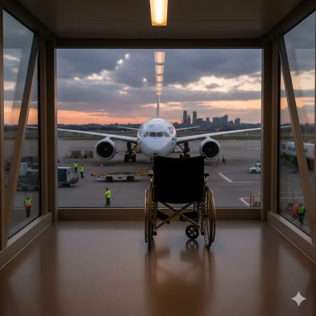 Cadeira de rodas com avião simbolizando direitos e acesso a indenização por cancelamento de voo com criança cadeirante