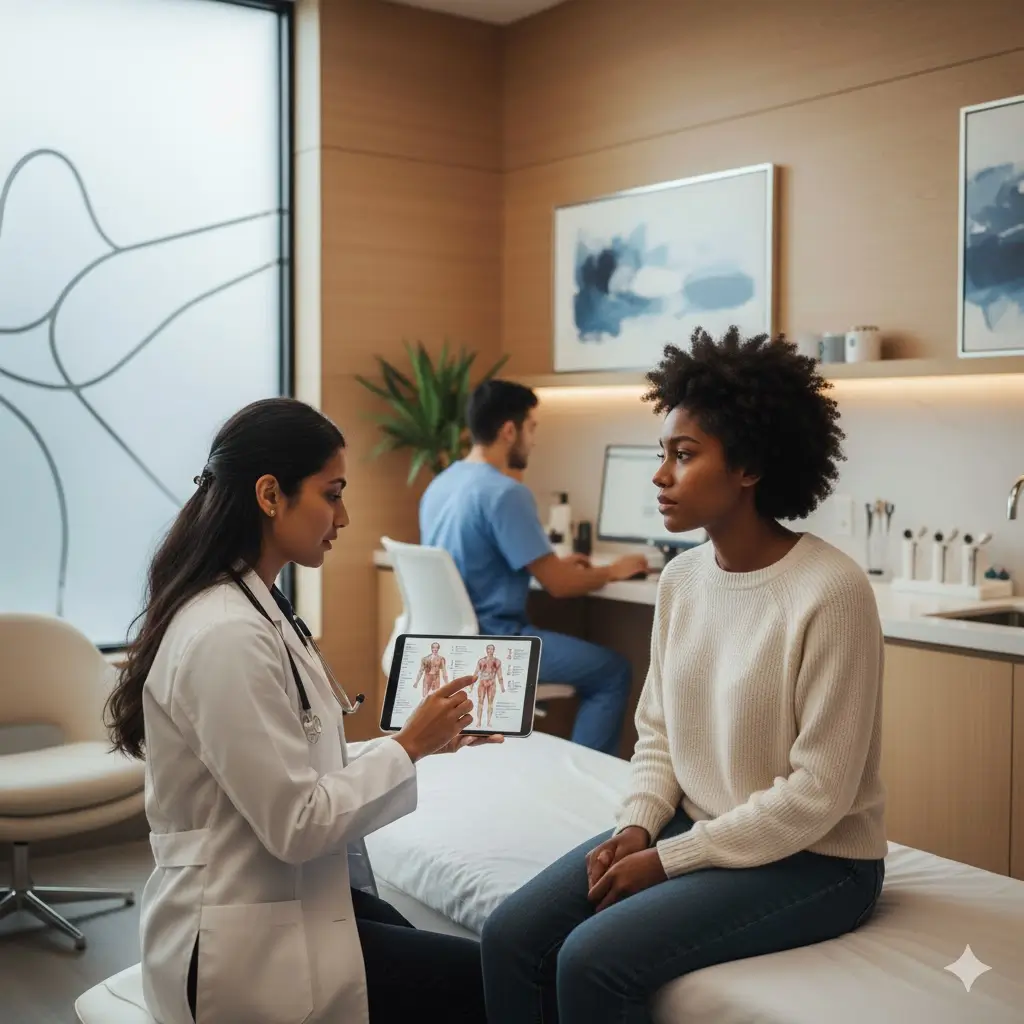 Paciente em consulta médica particular ilustrando como funciona o plano de saúde atendimento fora da rede.