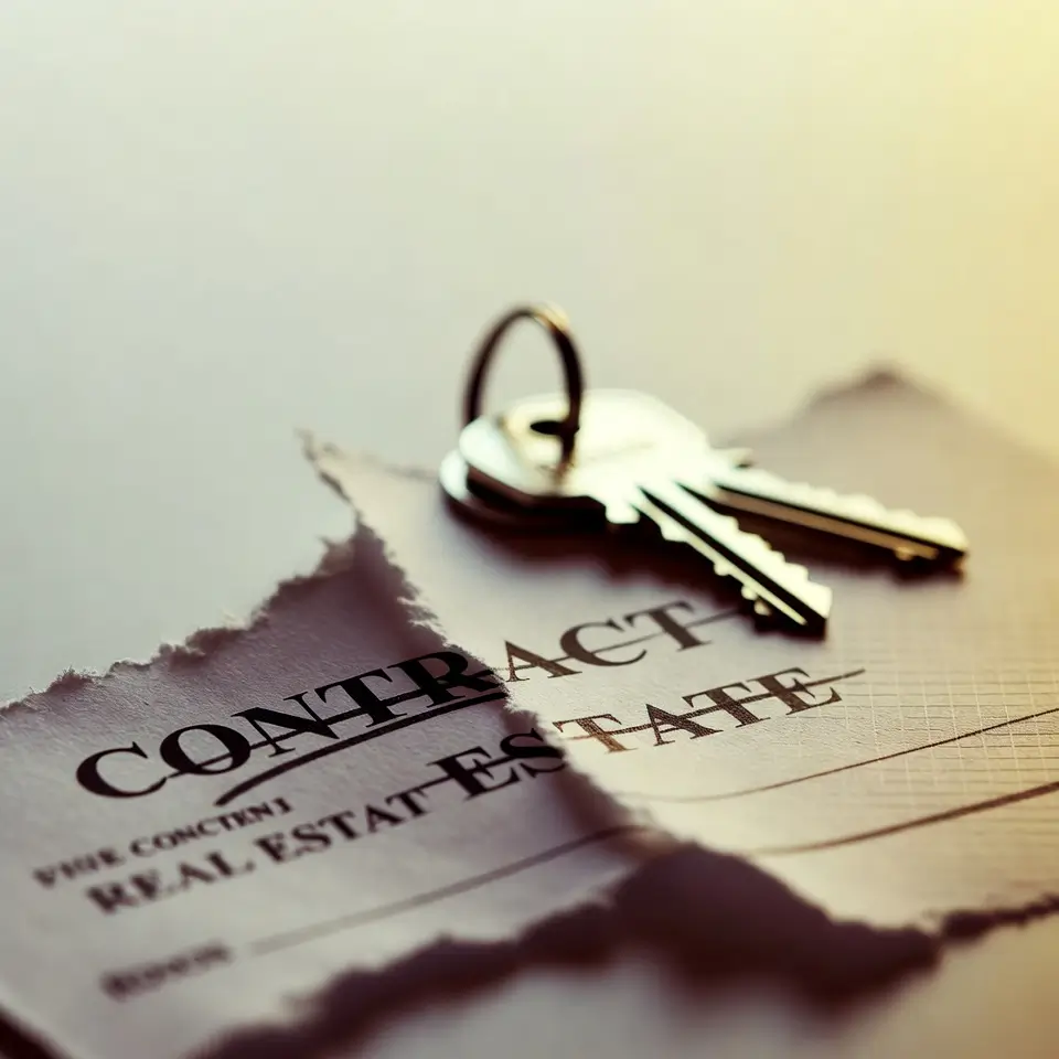 Contrato imobiliário sendo rescindido devido a distrato de imóvel na planta por atraso, ilustrando direitos do comprador na rescisão contratual.