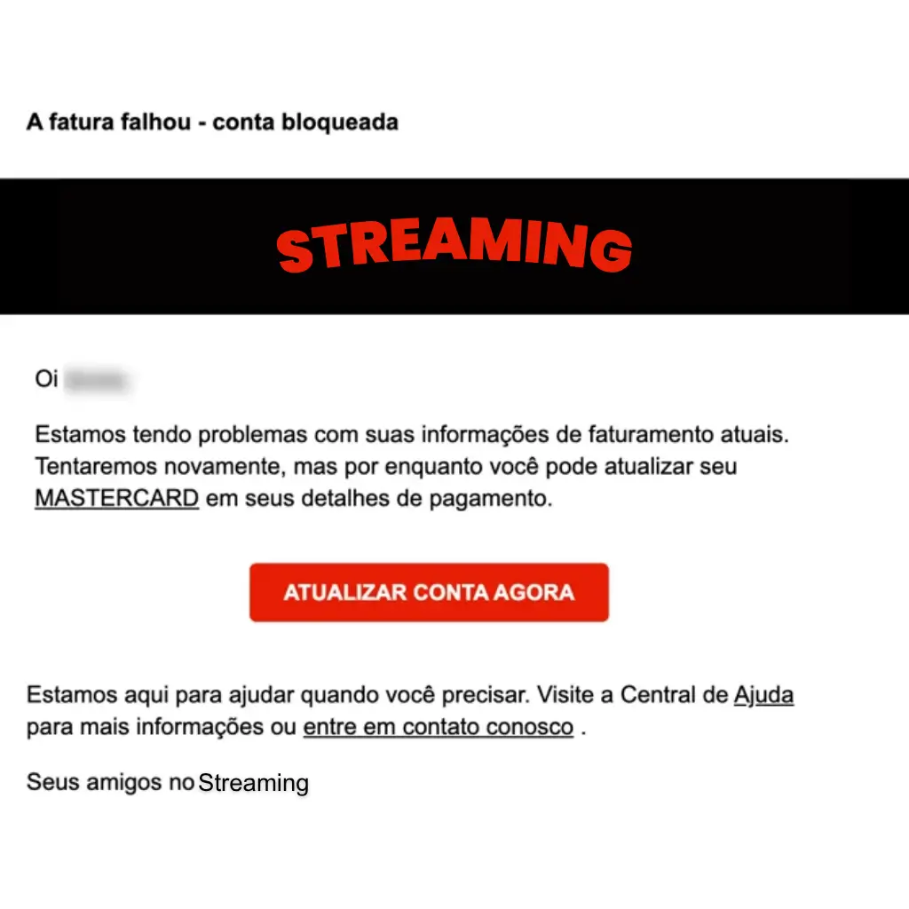 Captura de tela de e-mail falso de phishing simulando banco para roubar dados de fraude cartão de crédito virtual, com links maliciosos e alertas de urgência.