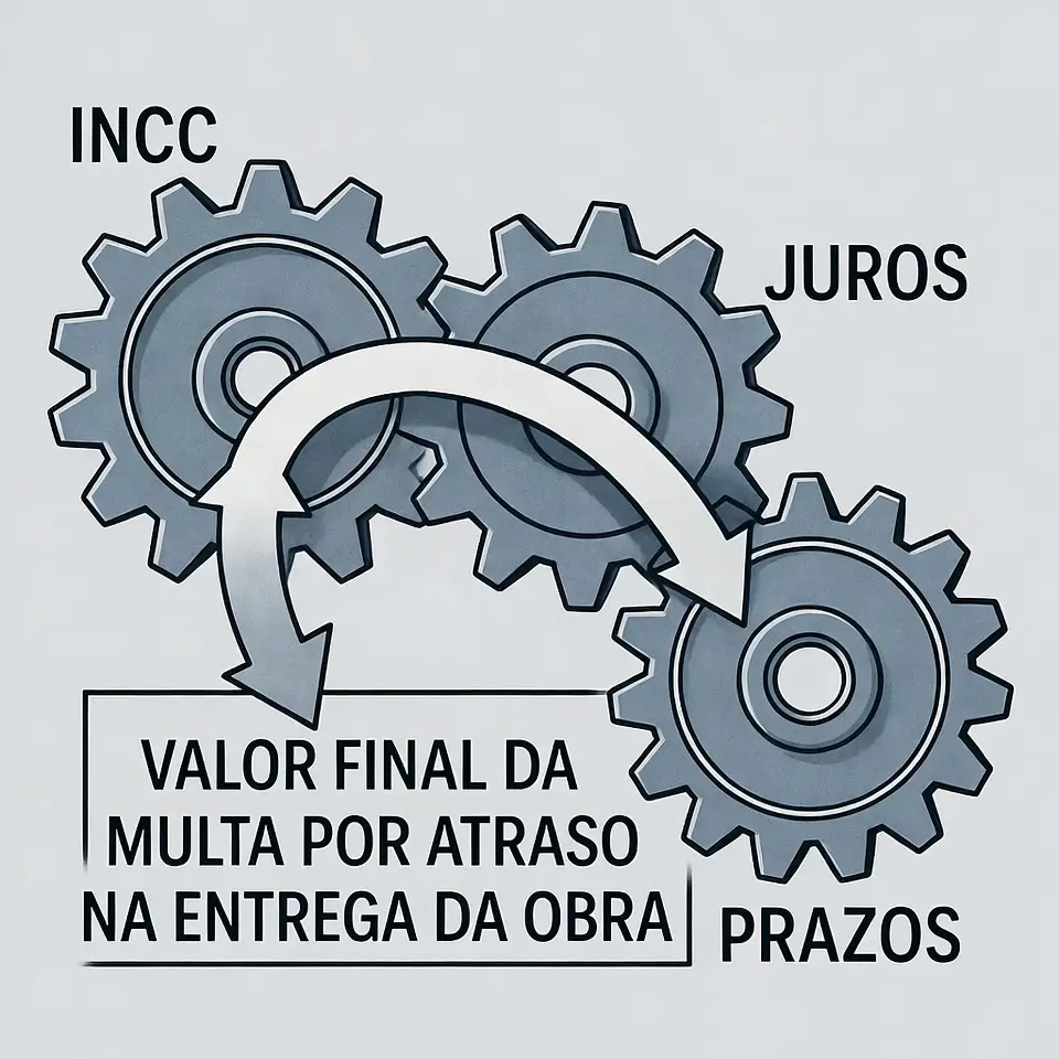 Engrenagens ilustrando fatores como INCC e prazos na multa por atraso na entrega de imóvel.