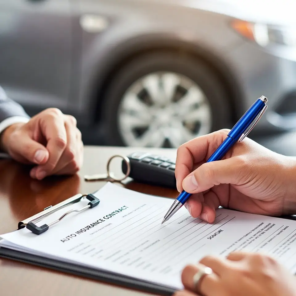 Contrato de seguro auto sendo assinado, ilustrando proteção financeira e direitos em acidentes de trânsito com seguro auto.