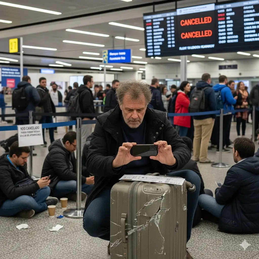 Passageiro tirando foto de bilhete e mala danificada para reclamar indenização por voo cancelado e mala danificada, seguindo dicas de documentação de direitos ao viajar.