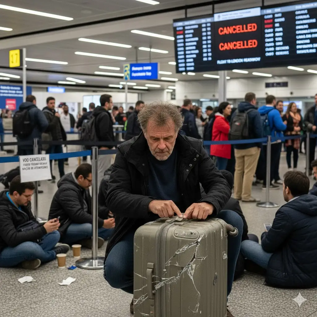 Passageiro examinando mala danificada após voo cancelado, ilustrando indenização por voo cancelado e mala danificada, com contexto de atraso e falta de suporte no aeroporto.