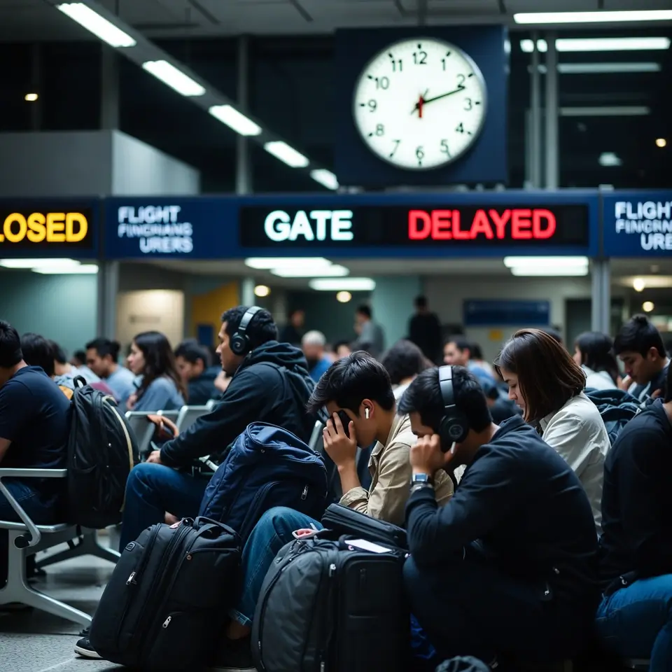 Passageiros brasileiros lidando com atrasos e cancelamentos pelo shutdown em aeroportos internacionais, buscando assistência material.